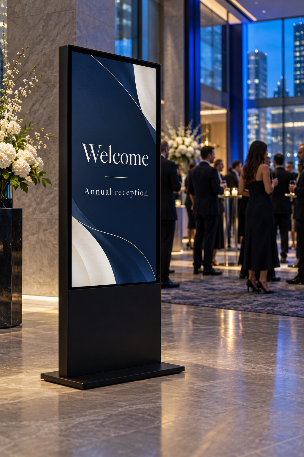 Corporate reception display concept in a contemporary venue with blue lighting